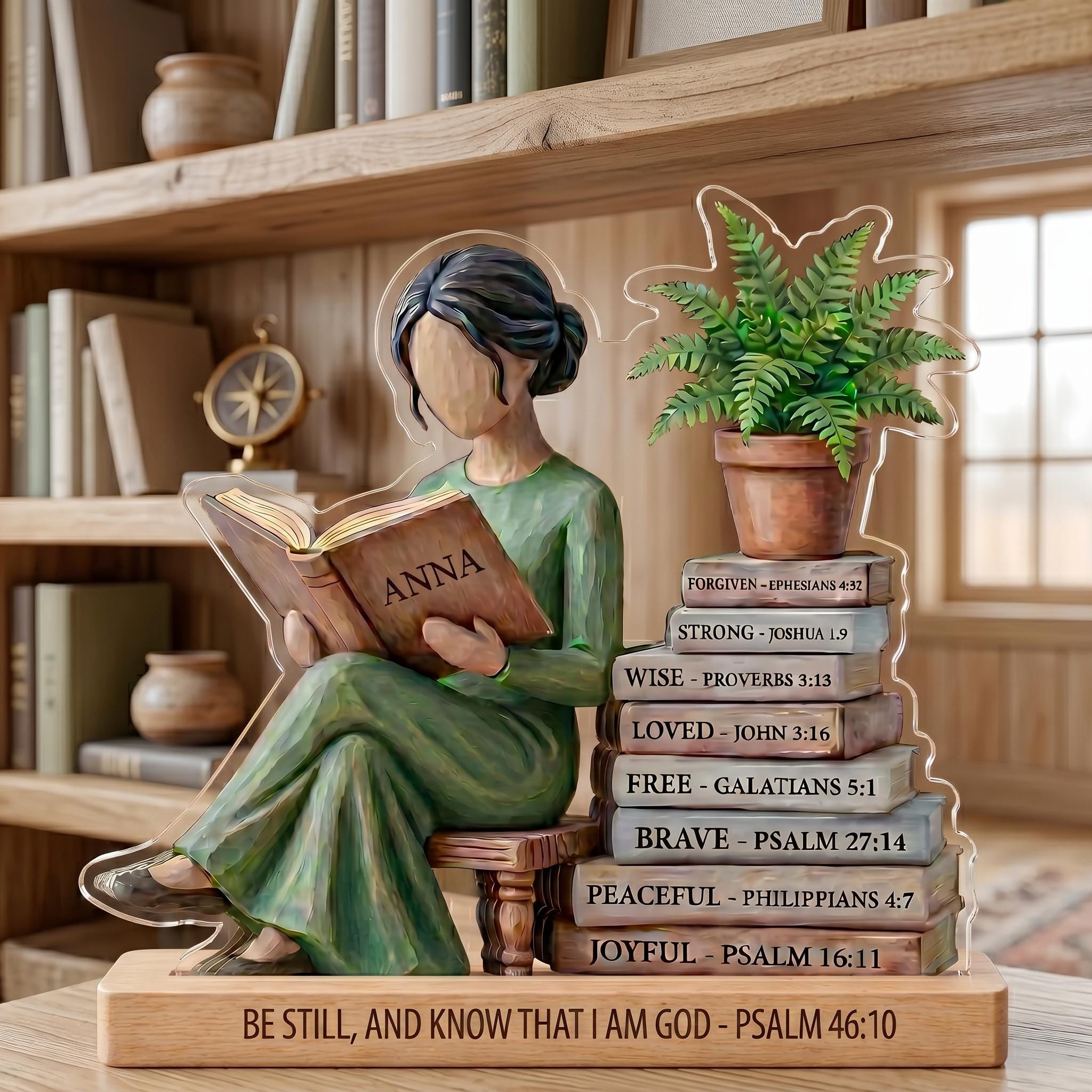 Personalized Reading Lover Wooden Block Decor, Book Lover Woman Statue, Wooden “God Says I Am” Scripture Block Set