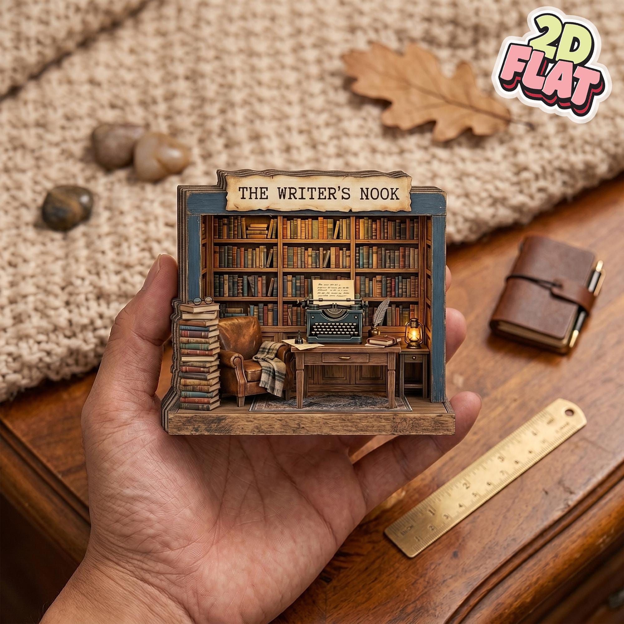 2D Flat Writer Book Nook Decor, Mini Library Wooden Block, Bookshelf Diorama, Book Lover Gift, Reading Nook Decor, Home Office Decor
