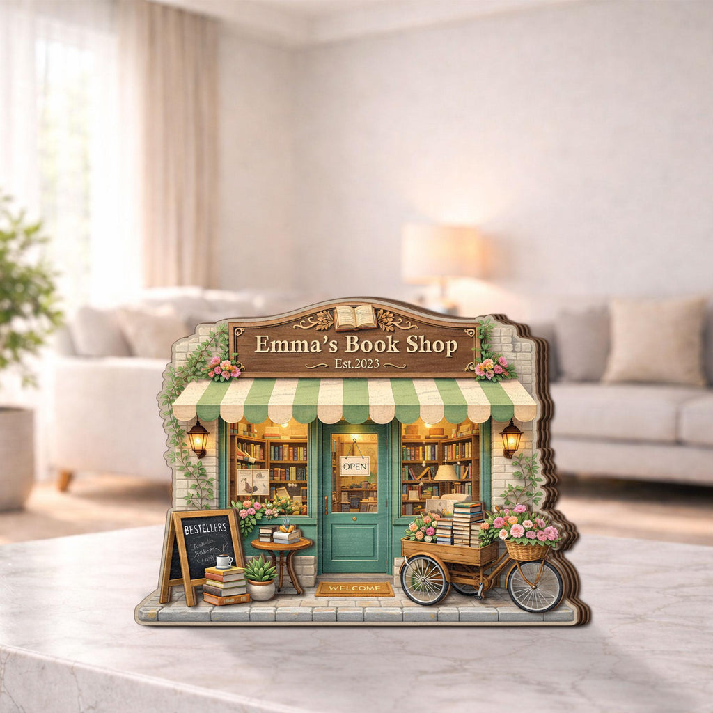 Personalized Bookshop Wooden Block, Custom Bookstore Shelf Sitter, Reading Nook Decor, Book Lover Gift, Cozy Bookshelf Wooden Plaque Decor