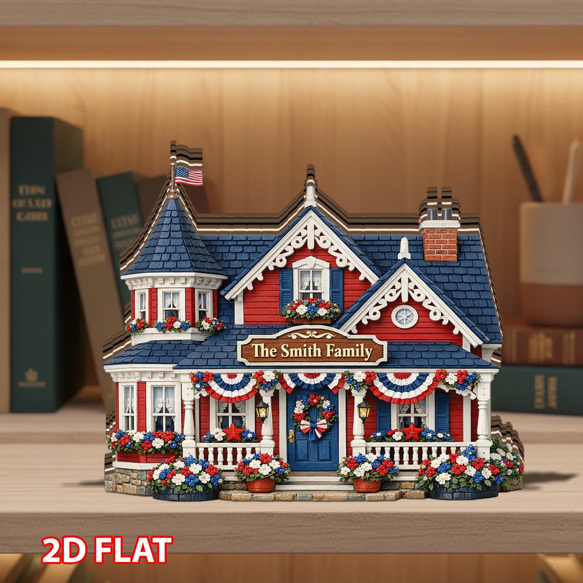 Personalized Patriotic Family House Wooden Block, Custom Name Home Decor, American Flag Cottage Keepsake, Gift for Family Loved Ones