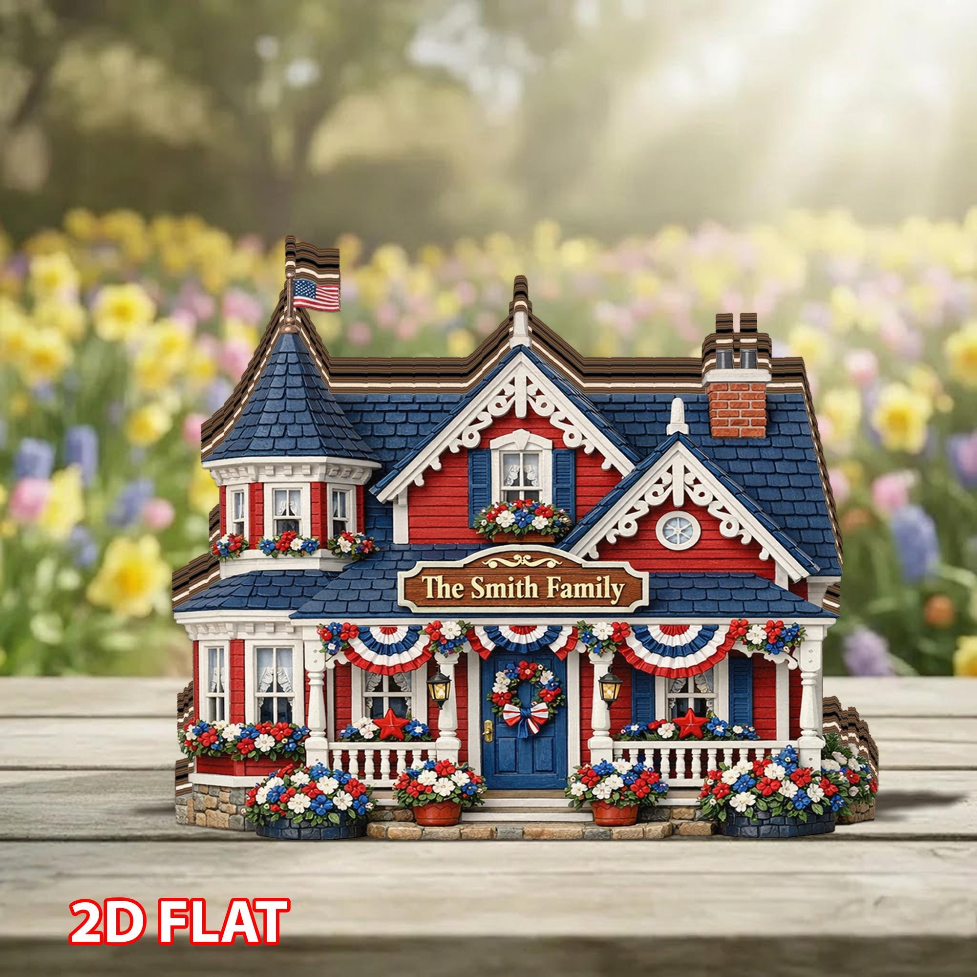 Personalized Patriotic Family House Wooden Block, Custom Name Home Decor, American Flag Cottage Keepsake, Gift for Family Loved Ones