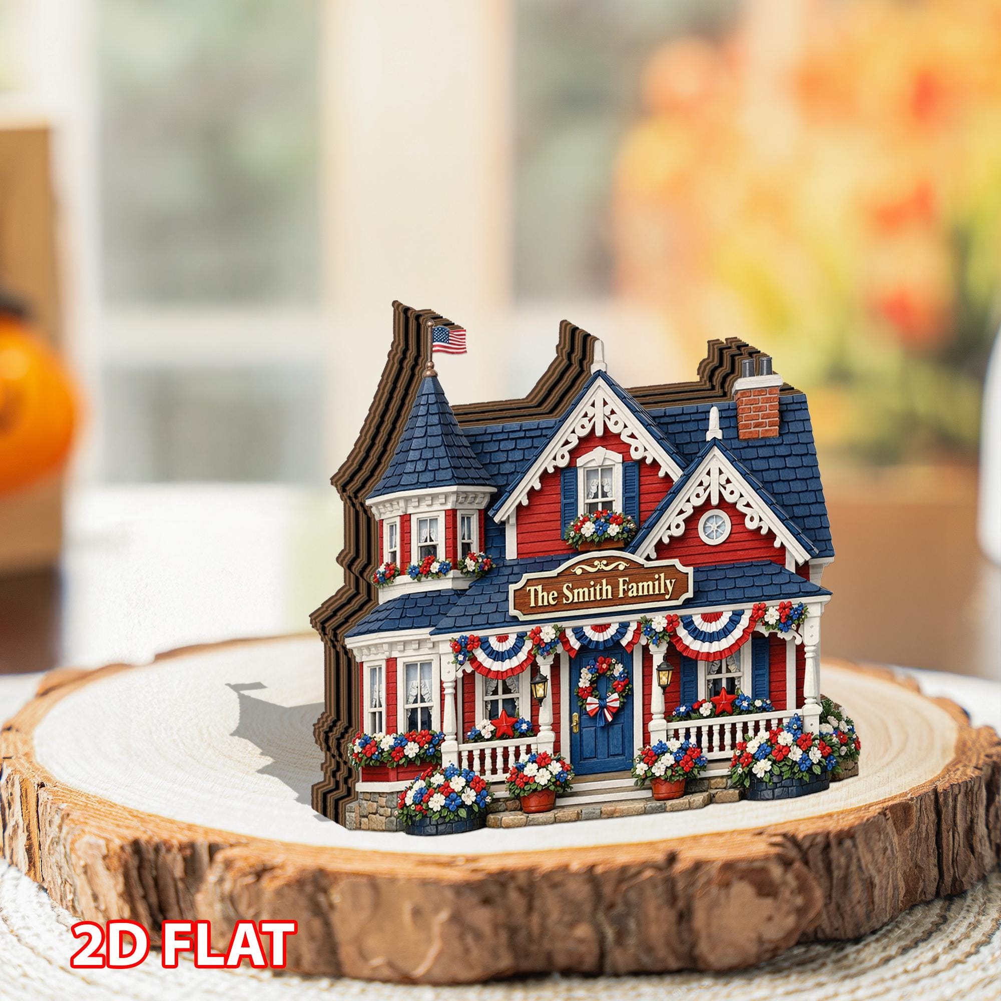 Personalized Patriotic Family House Wooden Block, Custom Name Home Decor, American Flag Cottage Keepsake, Gift for Family Loved Ones