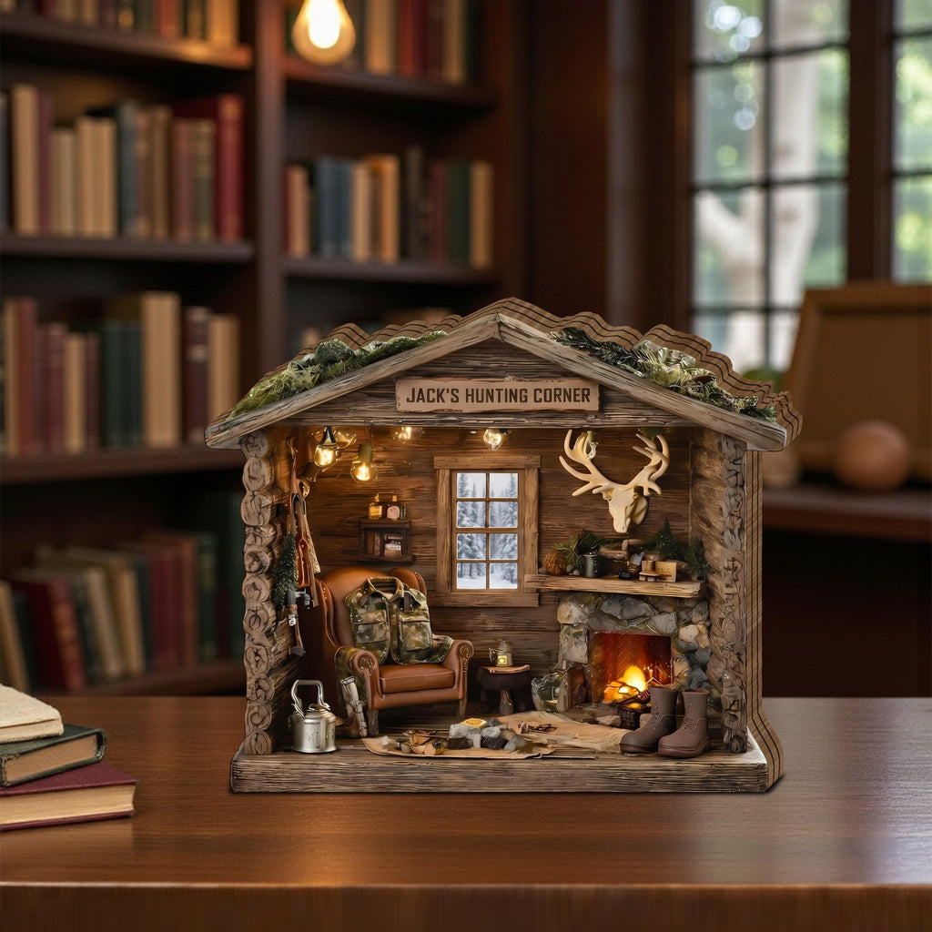 Personalized Hunting Cabin Wooden Block, Custom Hunter Gift, Rustic Lodge Miniature Decor, Deer Hunting Room Display