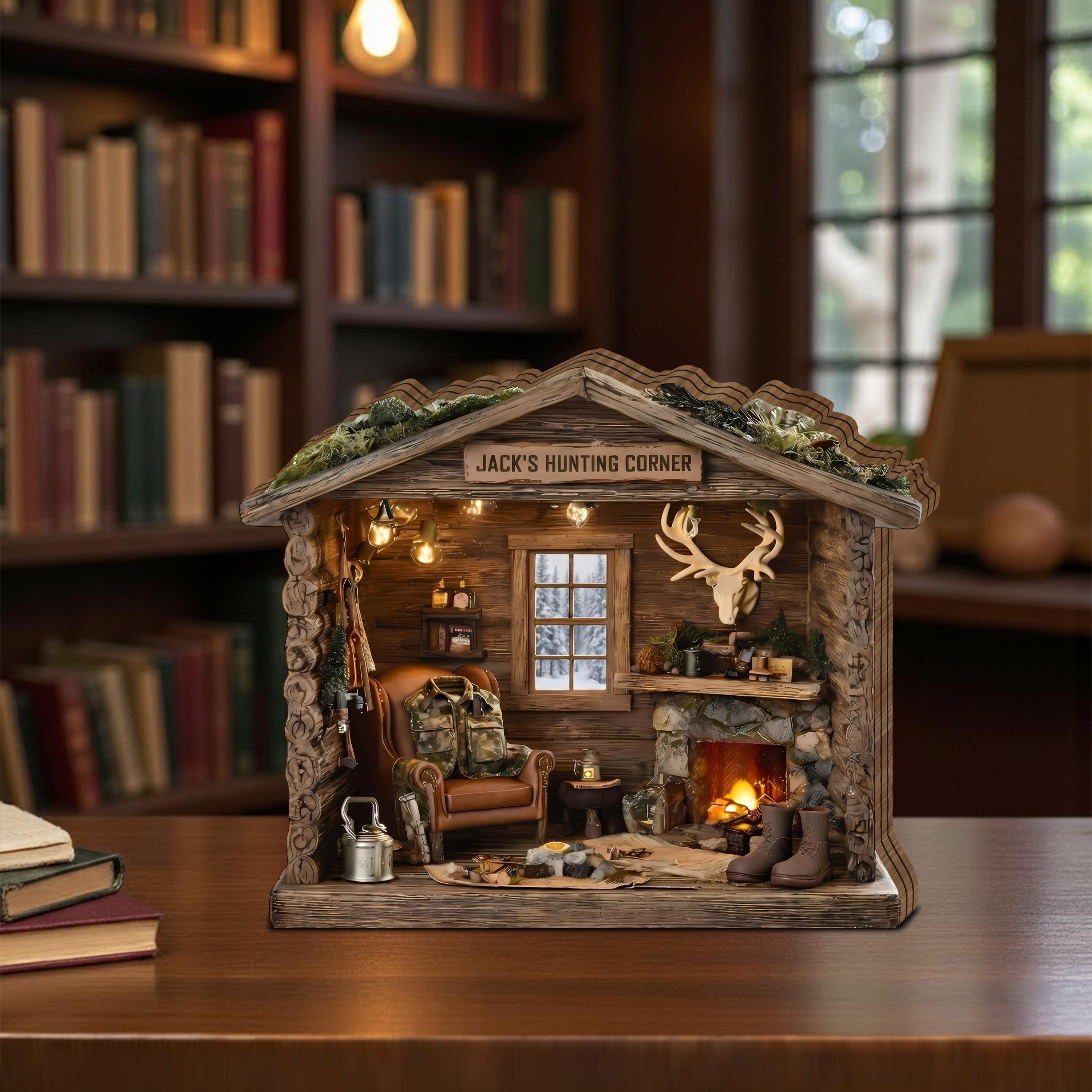 Personalized Hunting Cabin Wooden Block, Custom Hunter Gift, Rustic Lodge Miniature Decor, Deer Hunting Room Display
