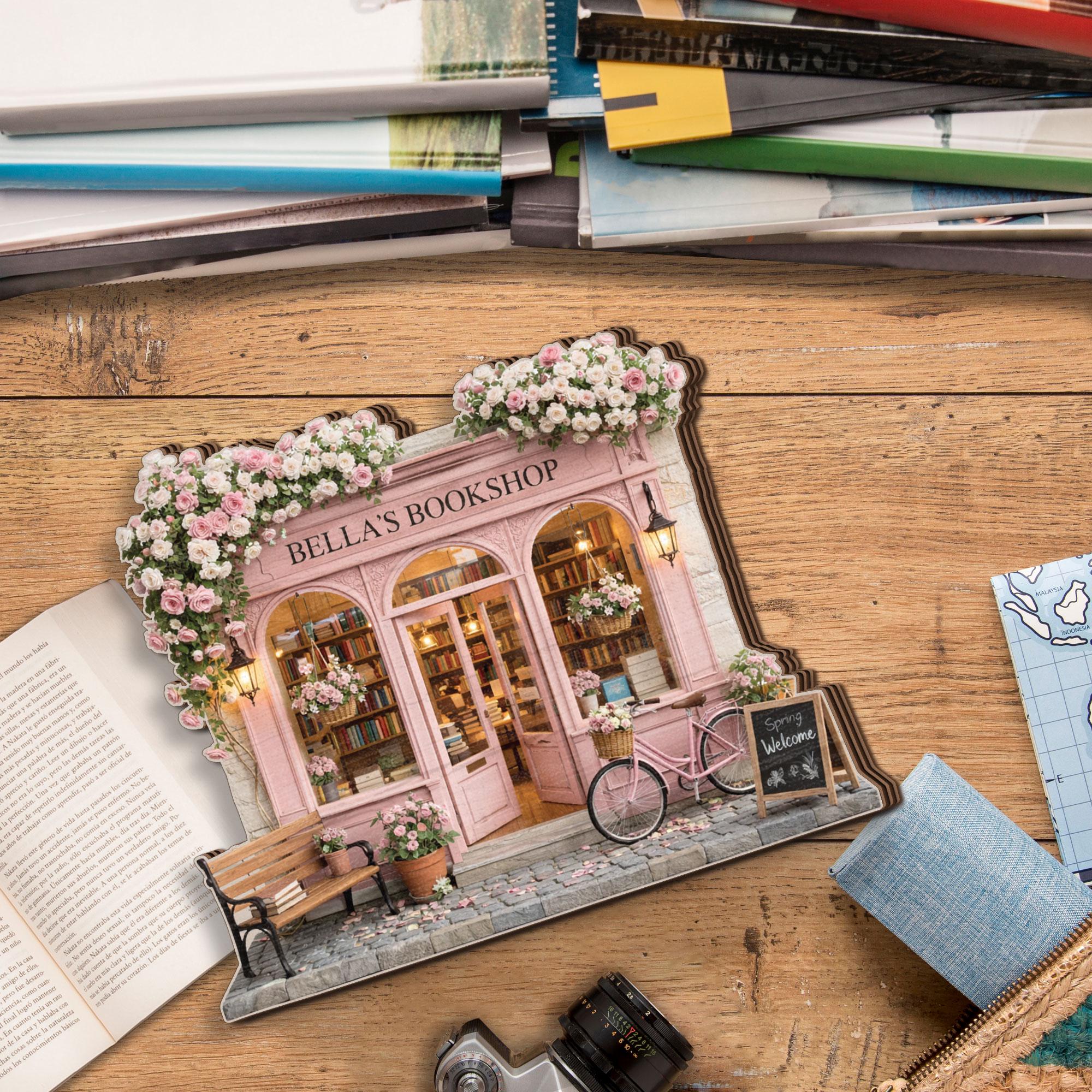 Personalized Bookshop Wooden Block, Custom Bookstore Name Sign, Floral Book Lover Gift, Reading Decor, Bookshop Keepsake Gift