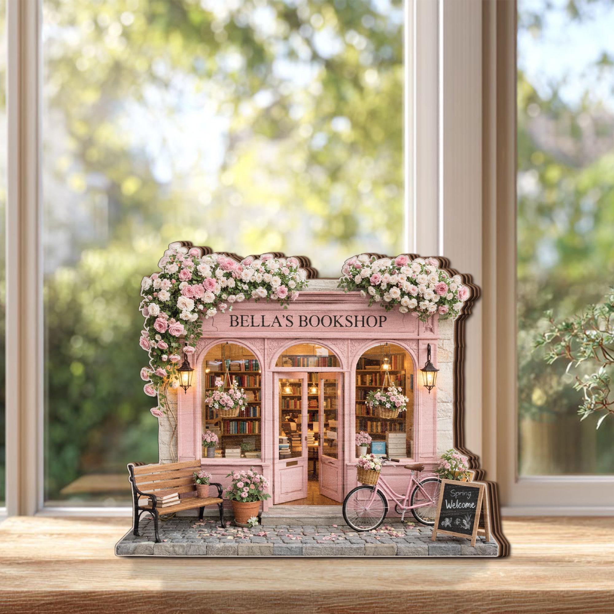 Personalized Bookshop Wooden Block, Custom Bookstore Name Sign, Floral Book Lover Gift, Reading Decor, Bookshop Keepsake Gift