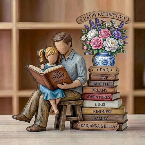 Father Daughter Reading Wooden Figurine, Personalized Dad Gift, Family Story Decor, Custom Name Keepsake, Fathers Day Shelf Display