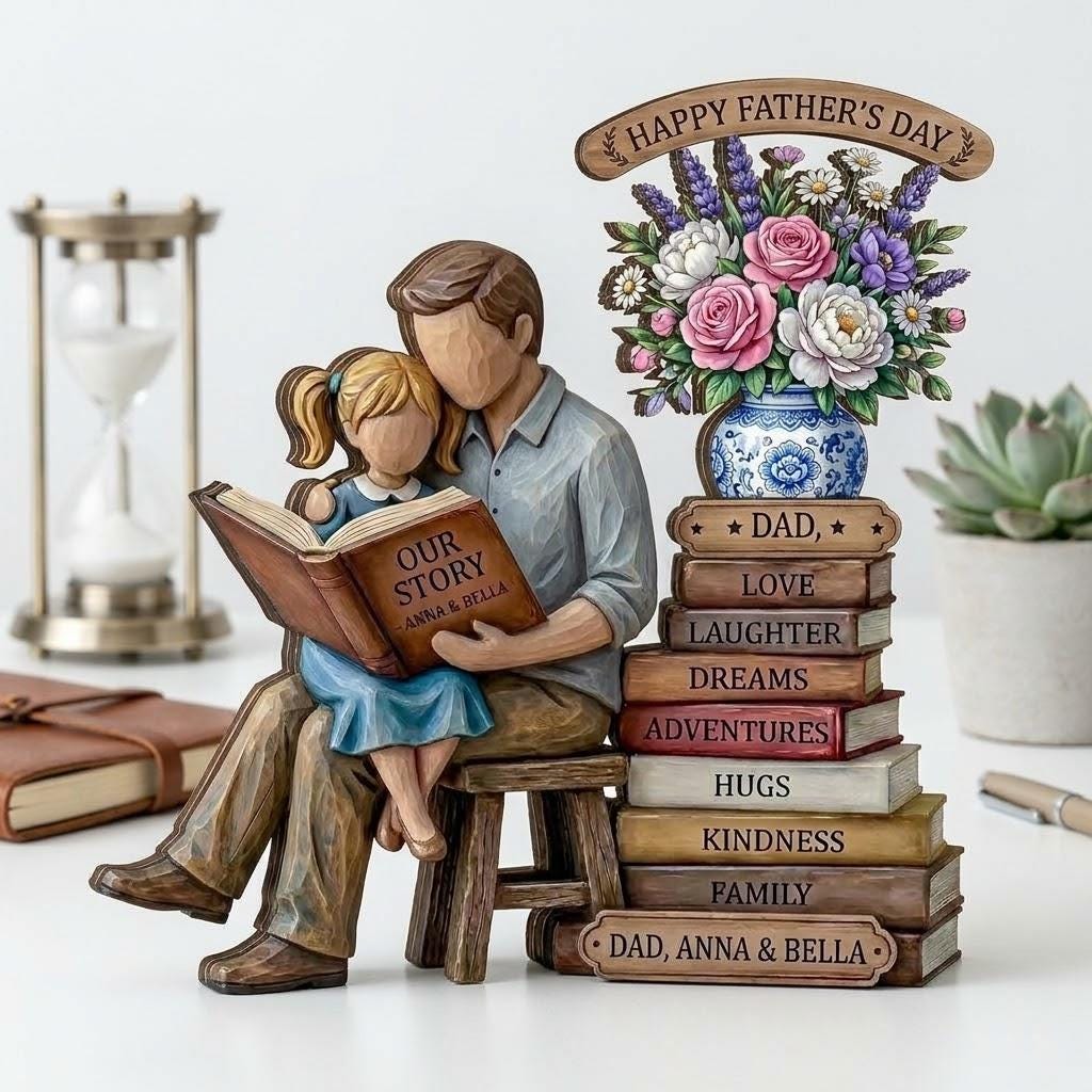 Father Daughter Reading Wooden Figurine, Personalized Dad Gift, Family Story Decor, Custom Name Keepsake, Fathers Day Shelf Display