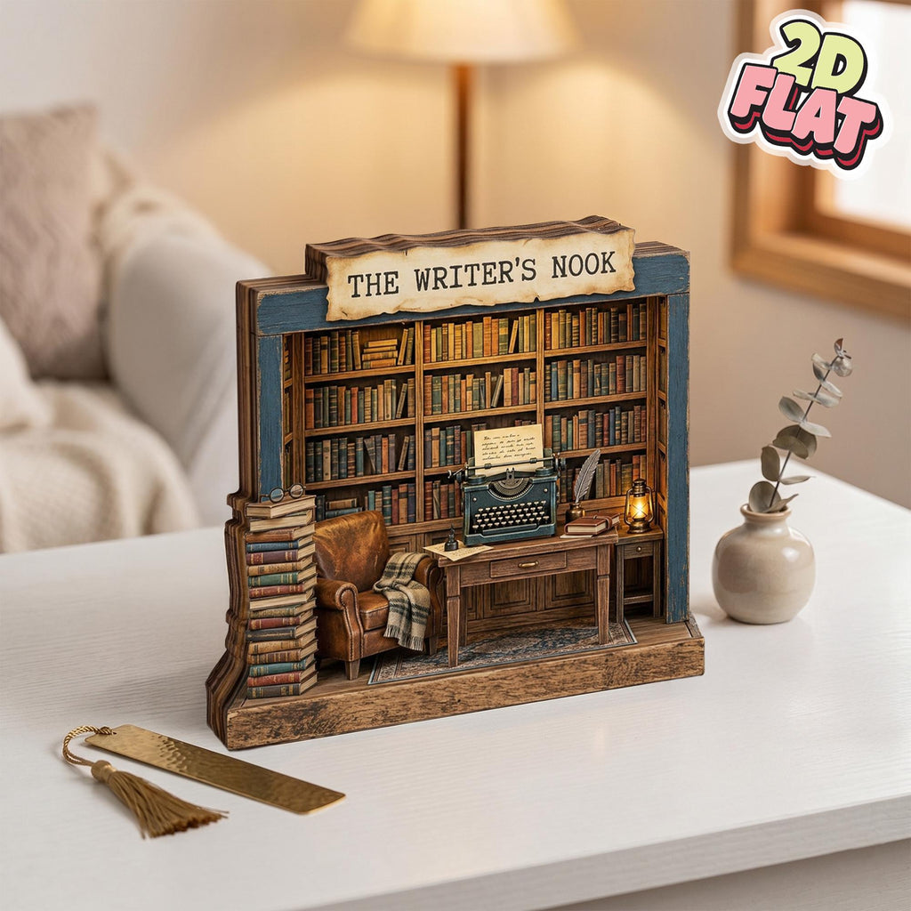 2D Flat Writer Book Nook Decor, Mini Library Wooden Block, Bookshelf Diorama, Book Lover Gift, Reading Nook Decor, Home Office Decor