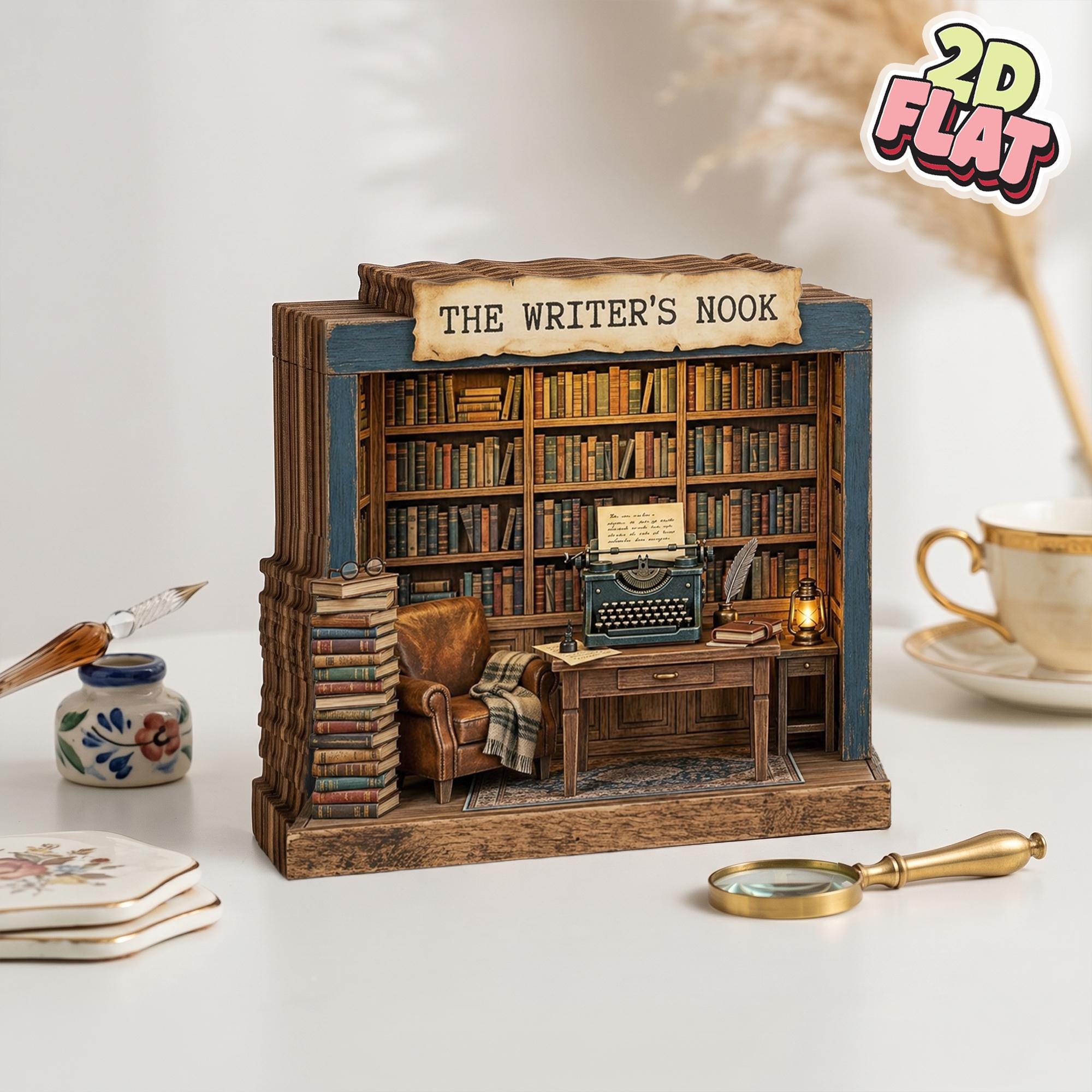 2D Flat Writer Book Nook Decor, Mini Library Wooden Block, Bookshelf Diorama, Book Lover Gift, Reading Nook Decor, Home Office Decor