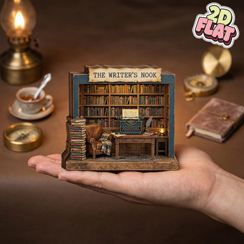 2D Flat Writer Book Nook Decor, Mini Library Wooden Block, Bookshelf Diorama, Book Lover Gift, Reading Nook Decor, Home Office Decor