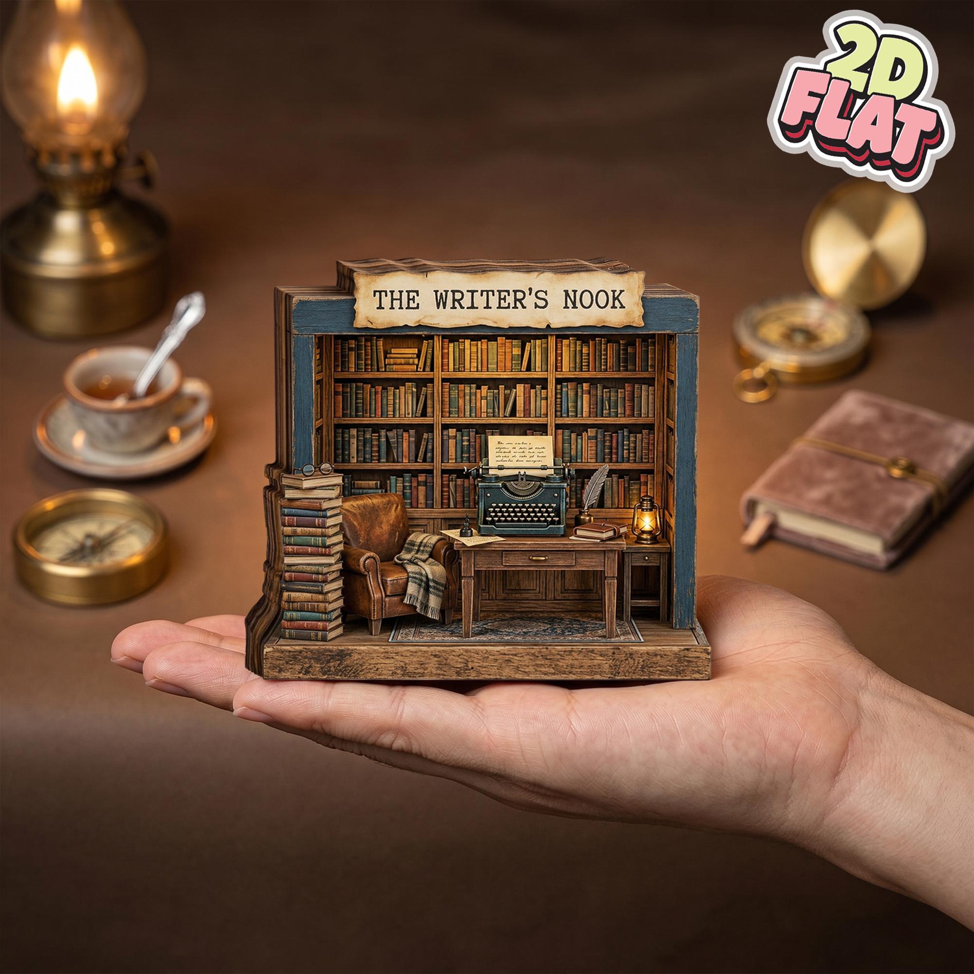 2D Flat Writer Book Nook Decor, Mini Library Wooden Block, Bookshelf Diorama, Book Lover Gift, Reading Nook Decor, Home Office Decor