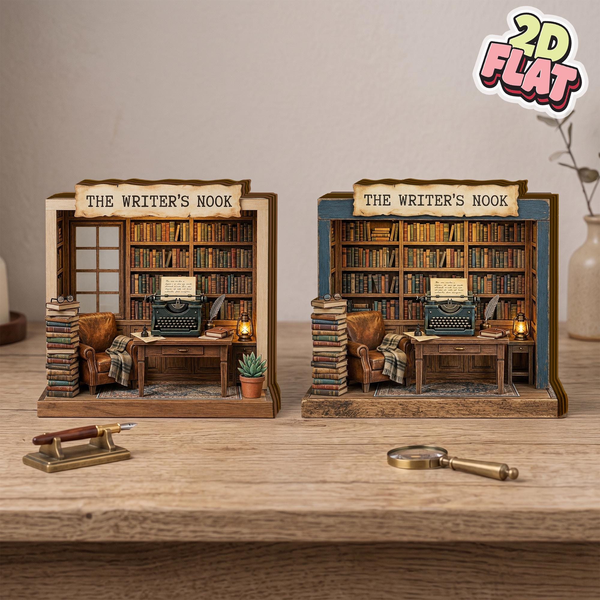 2D Flat Writer Book Nook Decor, Mini Library Wooden Block, Bookshelf Diorama, Book Lover Gift, Reading Nook Decor, Home Office Decor