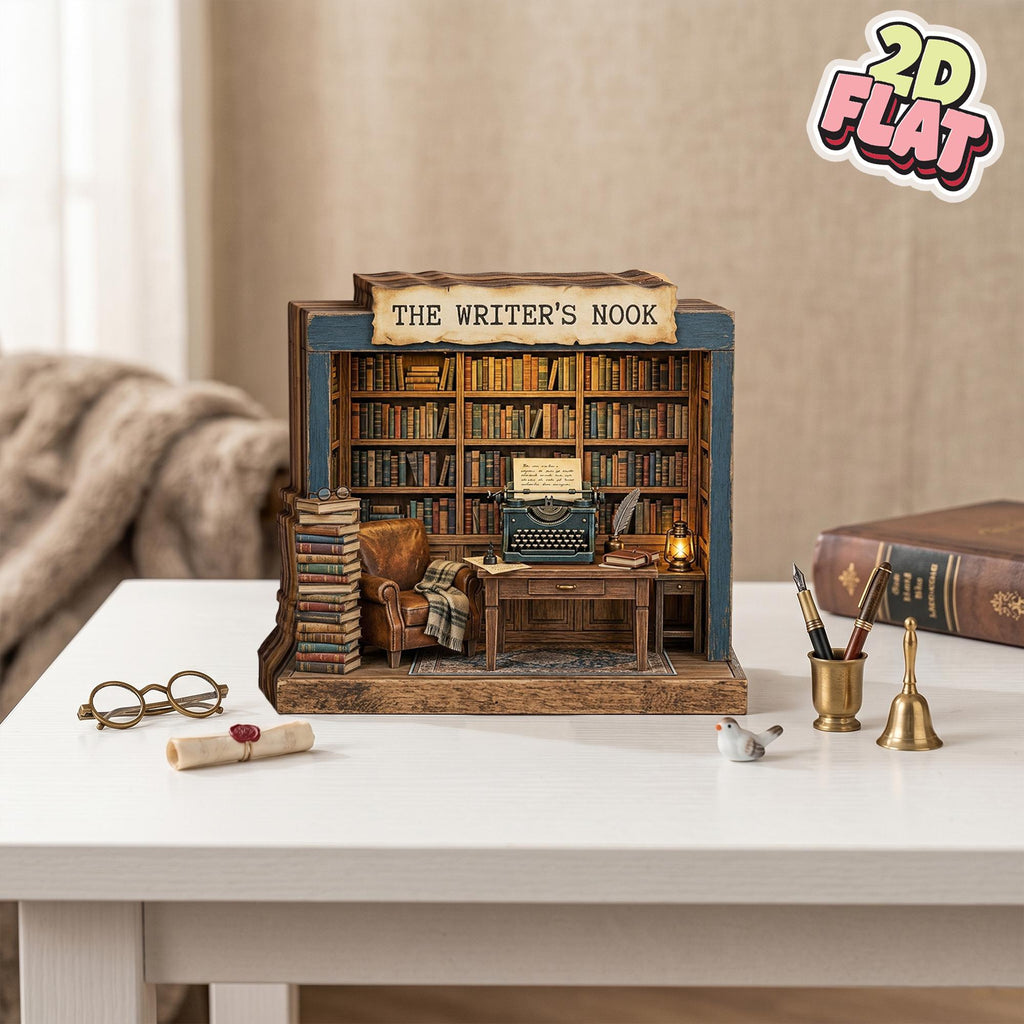 2D Flat Writer Book Nook Decor, Mini Library Wooden Block, Bookshelf Diorama, Book Lover Gift, Reading Nook Decor, Home Office Decor